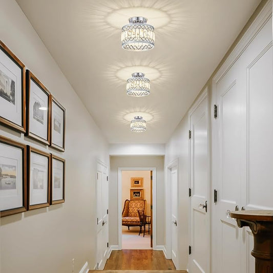 Pevfah Crystal Chrome Ceiling Light, Modern Semi Flush Mount Ceiling Lighting Fixture, Round Hallway Lighting Fixtures for Entryway Kitchen Bedroom Laundry Room, 1-Light, 9 Inch