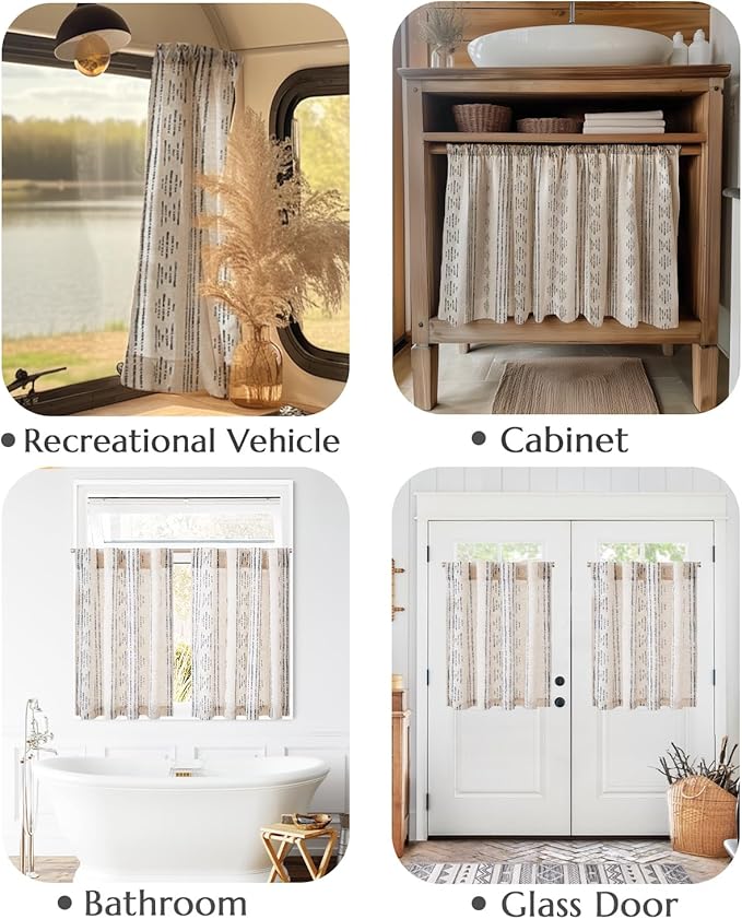 jinchan Boho Kitchen Curtains Linen Cafe Tier Curtains 24 Inch Bohemian Geometric Striped Mudcloth Small Window Drapes for Living Room Bathroom Cabinet Light Filtering Back Tab 2 Panels Black on Flax
