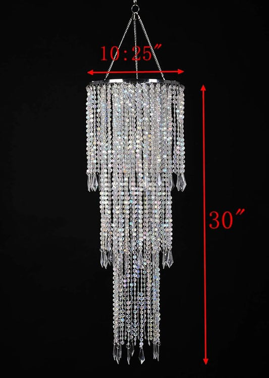 Sparkling Iridescent Acrylic Beaded Hanging Chandelier, 3 Tiers, 10.25" Diameter x 30" Tall, Indoor, Iridescent