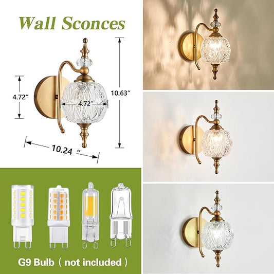 Vintage Bathroom Wall Sconces, 1-Light Wall Light Fixtures with Crystal Glass Shade Retro Bathroom Vanity Light Fixtures for Bedroom Living Room Farmhouse Dinning Room