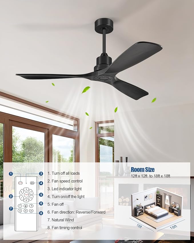 Ceiling Fans With Remote Control, Outdoor Ceiling Fan for Patios Indoor, 3 Downrods, 3 Blades, Timer, 6 Speed Reversible Quiet DC Motor Modern Fan Solid Wood Fan,60in, Matte Black