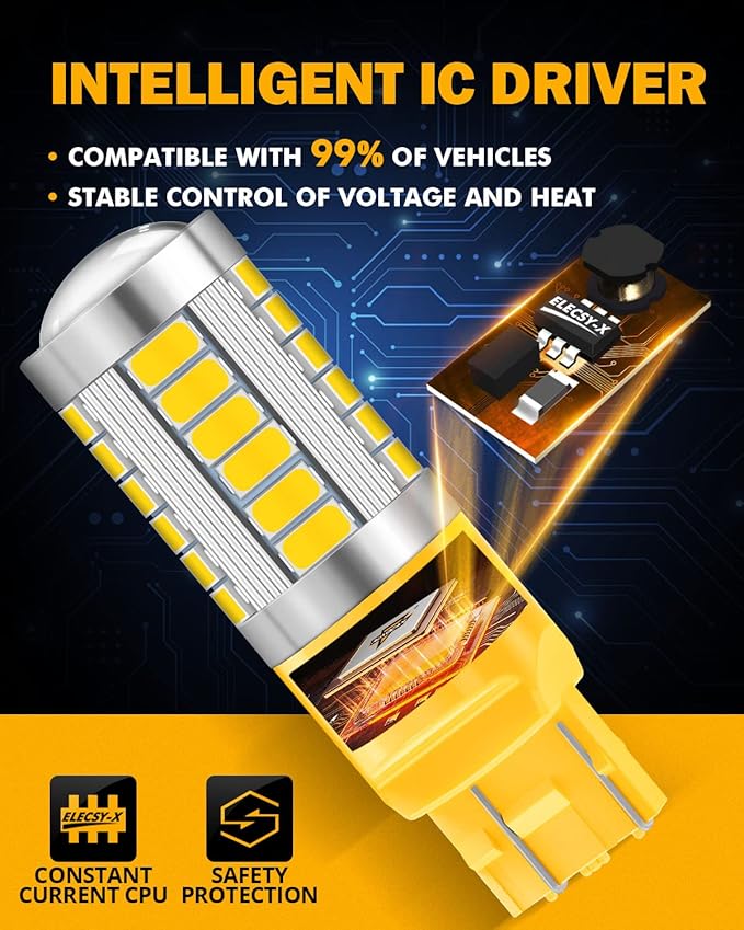 Auxbeam 7440 7443 LED Bulbs for Turn Signal Lights T20 7441 7444 LED Replacement Light Kit for Marker Blinker Lights, 3500K Amber Yellow, 3030-SMD 12V, Pack of 2 (May Need Resistors)