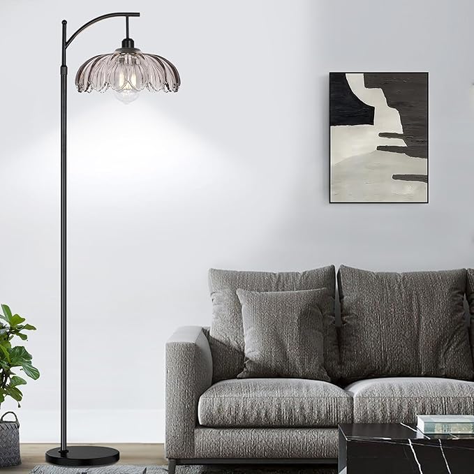 AHDWDW Arc Floor Lamps for Living Room with Remote,Black Dimmable Floor Lamp with Gray Glass Shade,Unique Vintage Flower Standing Tall Lamp,Modern Mid Century Floor Lamps for Bedroom Office Corner