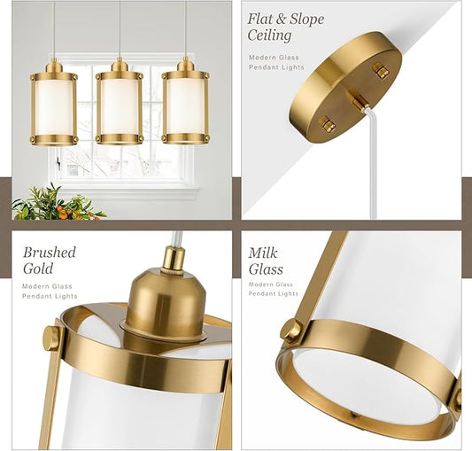 Brushed Gold Pendant Lights Kitchen Island 3 Pack, Modern Kitchen Pendant Lighting Over Island with Milk Glass, Farmhouse Brass Mini Hanging Light for Kitchen Sink Dining Room, OS-3014-3PBG