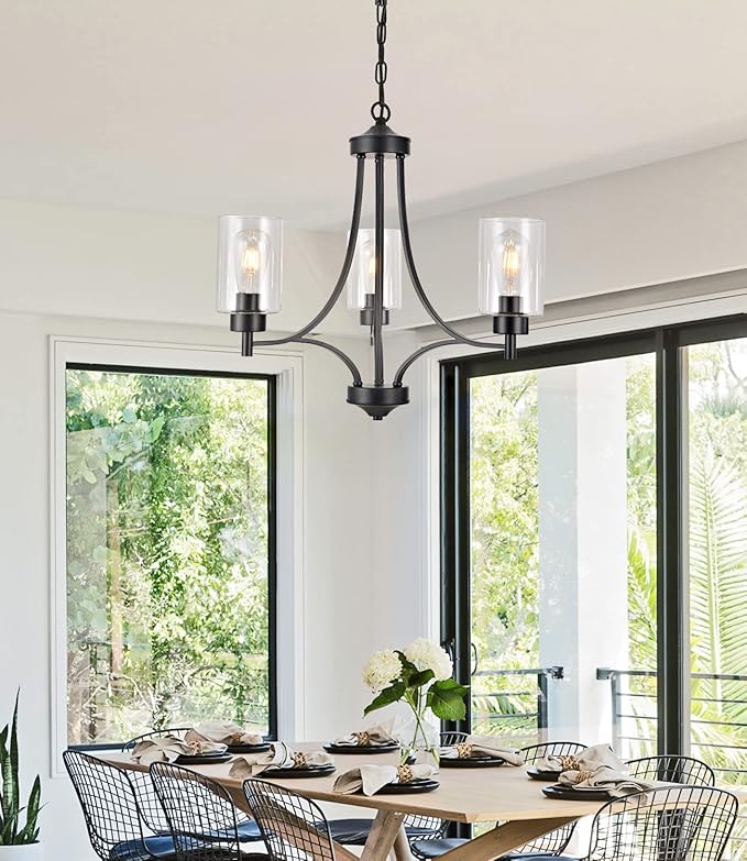 BOZO 3 Lights Black Chandelier for Dining Room Light Fixture Over Table, Entryway Chandelier for Foyer, Hallway Lighting Fixtures with Glass Shade for Kitchen Island