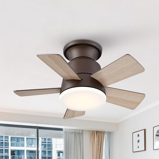 24" Mini Flush Mount Ceiling Fan with Light and Remote, 5-Blade Small Ceiling Fan for Bedroom Kitchen Office, Reversible AC Motor, Hugger Low Profile Fan with 3000K LED Light,Antique Brass