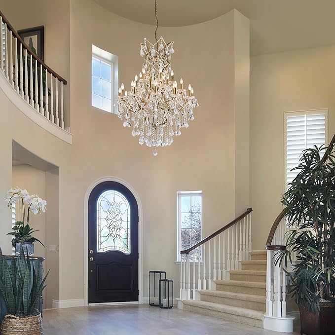 24 Lights Large Crystal Chandeliers for High Ceilings Brass Maria Theresa Chandelier Modern Chandelier Light Fixture for Foyer Living Room Hallway Entryway Staircase 55.1" H x 39.4" D