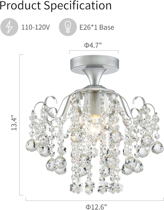WUZUPS Crystal Chandelier Flushmount Ceiling Light Modern Lighting Fixture for Bedroom Hallway Bar Kitchen Bathroom, H 13.4" x W 12.6", E26 Base, Silver