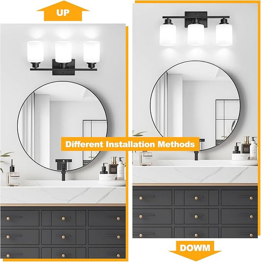 Unicozin 3-Light Bathroom Light Fixtures, Modern Black Vanity Light Over Mirror, Wall Sconces with Milky White Glass Shades for Living Room Bedroom Hallway E26 Base