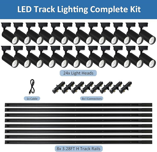 H Type LED Track Lighting Heads 24 Track Lights 4000K 20W 2400lm High Brightness Track Lighting System for Accent Lighting, Dimmable Ceiling Lights Spotlight Fixtures with 26ft Track Rail