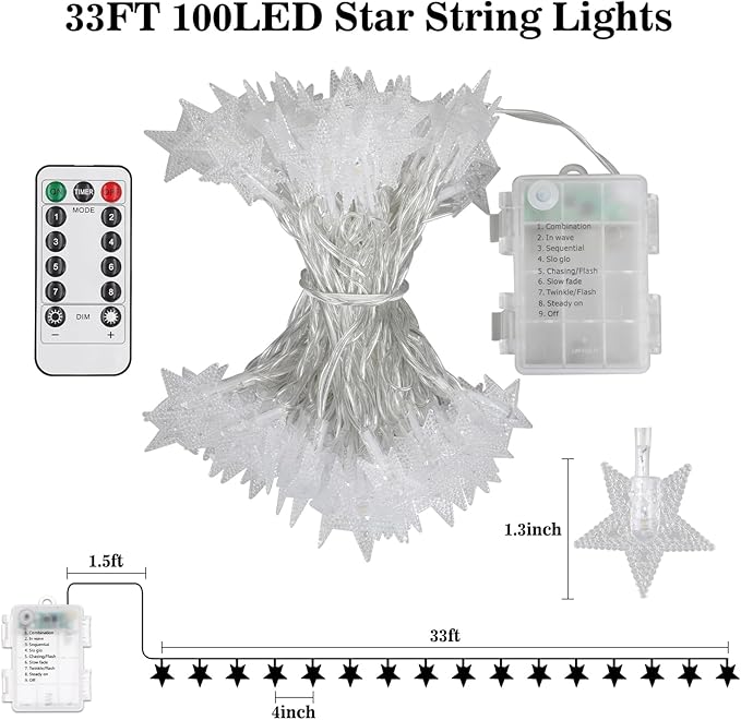 Star String Lights, 33ft 100 LED 8 Modes Star Fairy Lights Battery Operated Waterproof Indoor Outdoor for Bedroom Patio Party Wedding Tent Loft Bed Xmas Tree Decor, Warm White