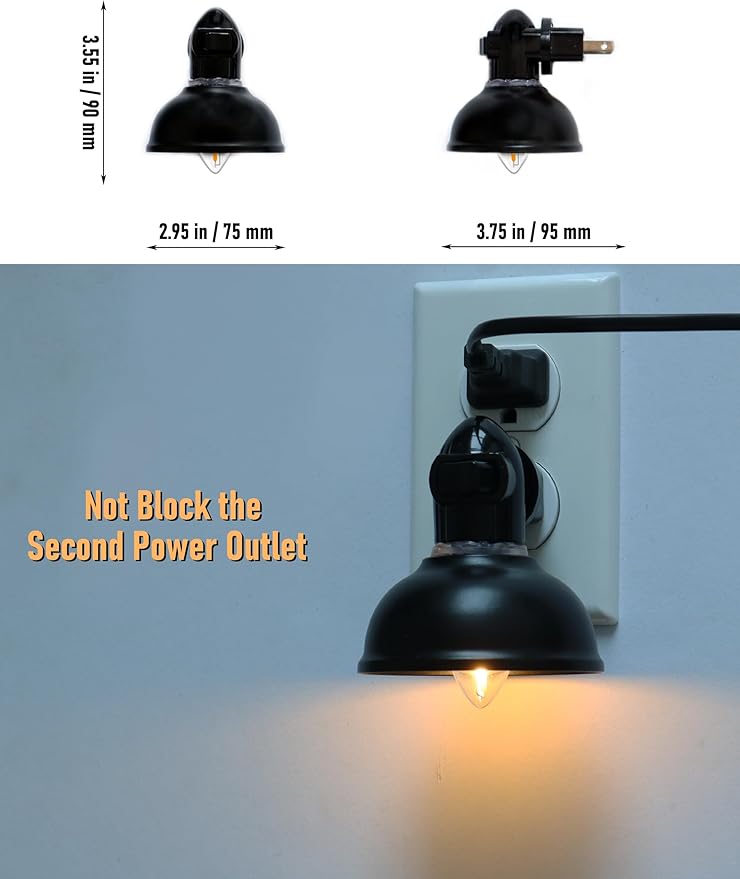 Farmhouse Plug in Night Light with On Off Switch, 2-Pack 0.5W LED Night Lights Plug into Wall Socket, Vintage Nightlight with Matte Black Metal Lamp Shade for Adult Kids Room Bathroom Hallway