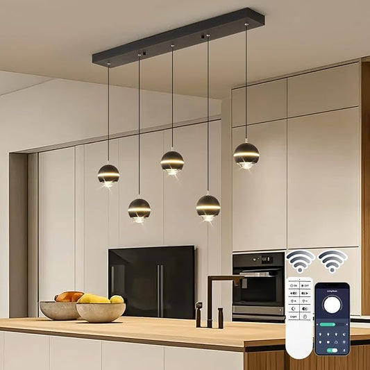 ORANOOR Modern LED Pendant Lights, Dimmable 36in Crystal Globe LED Chandelier Lighting, Black & Gold Dining Room Hanging Light Fixtures Kitchen Island Linear Pendant Light for Dining Table (3500lm)