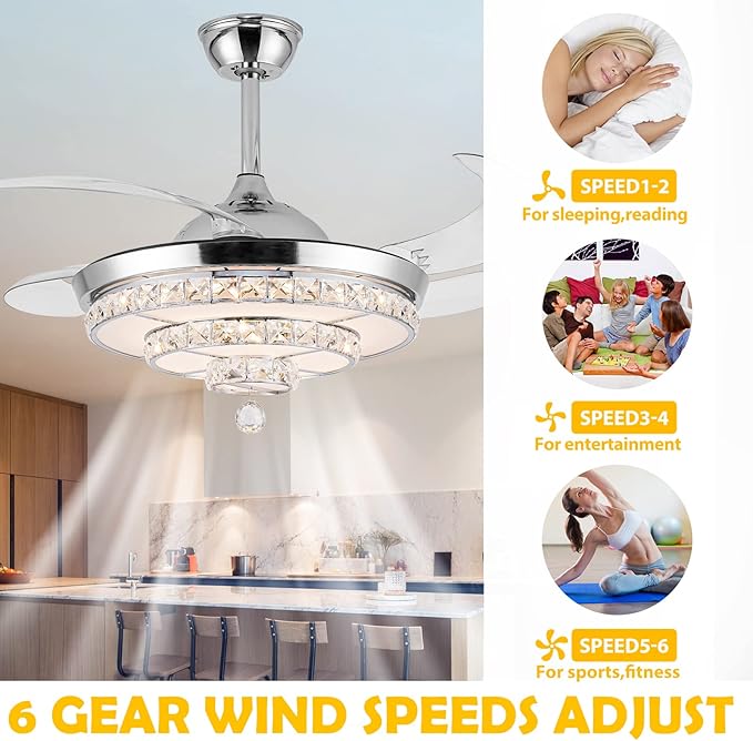 42" Fandelier Invisible Ceiling Fan Chandelier with Light,Modern Crystal Ceiling Fan Light Remote Control 4 Retractable ABS Blades for Bedroom Living Dining Room Decoration