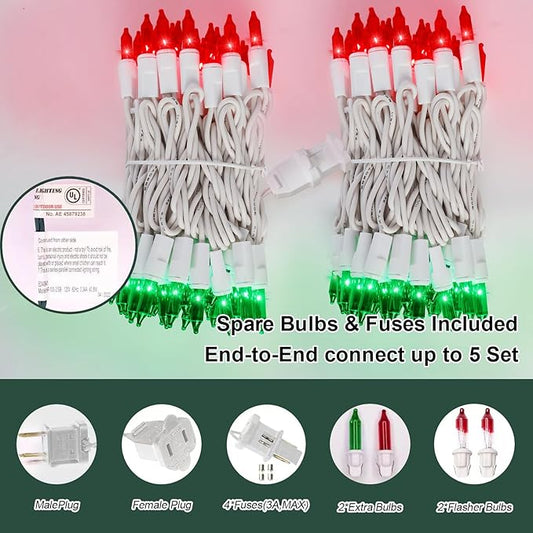 LAMPHOME 100 Count Red Green Christmas Lights, White Wire 20Ft Incandescent Holiday String Light Set for Indoor Outdoor Use Christmas Tree, Halloween, Valentine Wedding Lighting Decoration