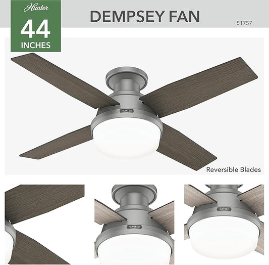 Hunter 44 inch Indoor Ceiling Fan with LED Light and Remote Control - Modern Ceiling Fan, Low Profile Mount, 4 Blades, For Bedroom, Living Room, or Kitchen, Quiet - Dempsey 51757, Matte Silver