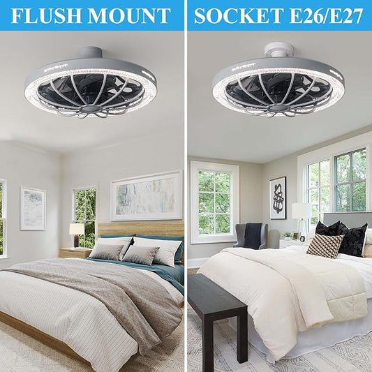 Socket Fan Light with Remote, 13 inch Socket Ceiling Fan with Dimmable Led Light, 3 Colors 3000K-6500K, 3 Speeds, Flush Mount Ceiling Fans with Lights for Bedroom, Kitchen, Living Room-Gery