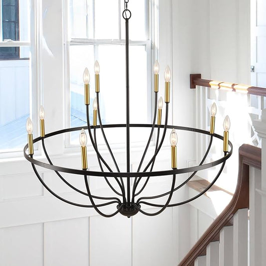 Modern Farmhouse Chandelier for Dining Room 12 Lights,32in Industrial Black and Gold Lighting Fixture, Candle Pendant Light for Kitchen Island High Ceilings Living Room Hallway Entryway Foyer
