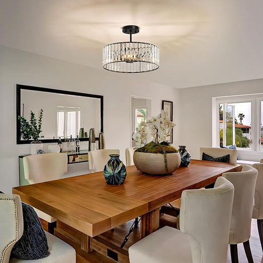 YURNYQ Black Crystal Ceiling Light Fixture, Modern Semi Flush Chandelier, Round Hanging Lighting Chandeliers for Dining Room, Kitchen, Bedroom, 3-Light, 15.74 Inch