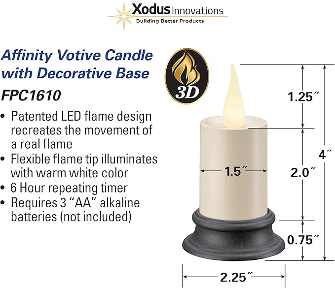 Xodus Innovations FPC1610A Battery Operated Flameless 3 inch Votive Candle with 3D Warm White Flickering Flame and 6 Hour Automatic Timer for Weddings, Parties or Holiday Decorations
