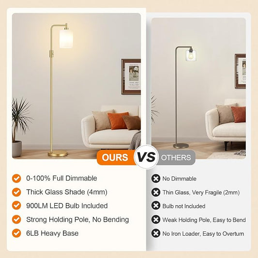 【Upgraded】Dimmable Floor Lamps for Living Room with Frosted White Glass Shade, Modern Industrial Floor Lamp with 900LM Bulb Included, Standing Tall Lamp for Bedroom, Office, Reading Room, Corner, Gold