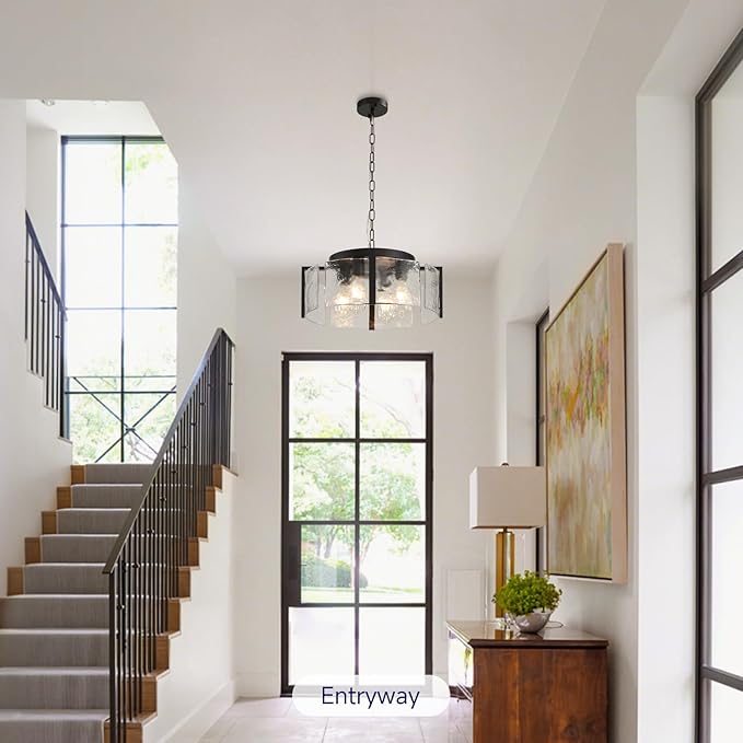 Modern Black Chandeliers for Dining Room: 17.7'' Drum Textured Glass Foyer Chandelier - Vintage Farmhouse kitchen Chandeliers Over Table - Rustic Hanging Light Fixture for Bedroom Living Room Entryway