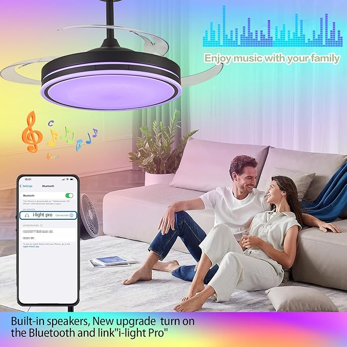 48" Retractable RGB Ceiling Fan with Light, Build-in Speaker Modern Fandelier 6 Speeds Retractable Blades Dimmable Chandelier Ceiling Fan with Remote App Control Memory Timer Black