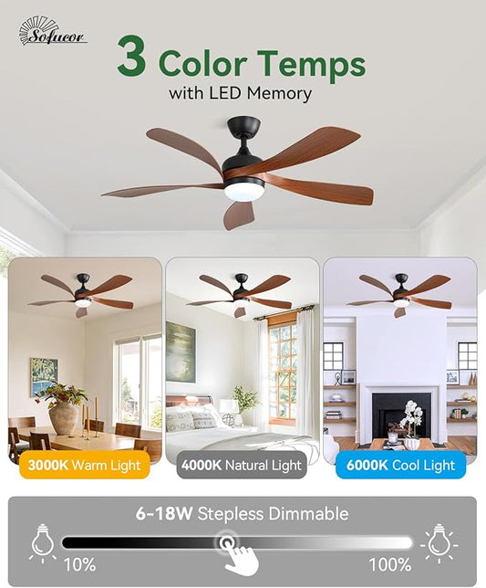 Sofucor 52 Inch Ceiling Fans with Lights and Remote, Outdoor Ceiling Fan with Light 6-Speed 3 CCT 3-Timer, Low Profile Ceiling Fan 5 Blade Reversible DC Motor for Living Room Bedroom Patio