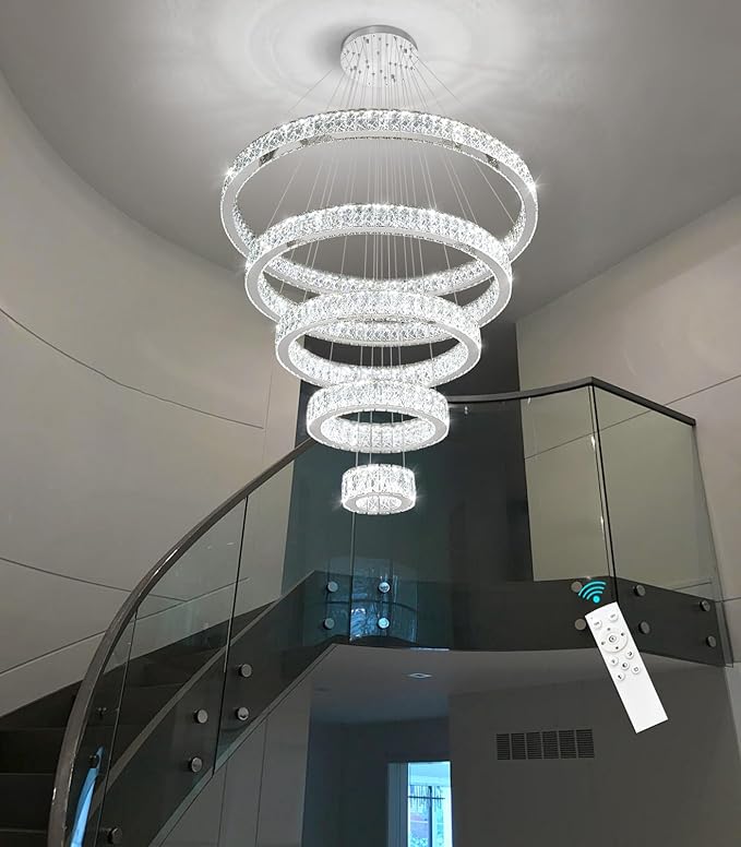 Modern High Ceiling Crystal Chandelier 90W Dimmable LED Chandeliers with Remote Luxury Height Adjustable Large Lighting Fixtures for Living Room Staircase Foyer Silver