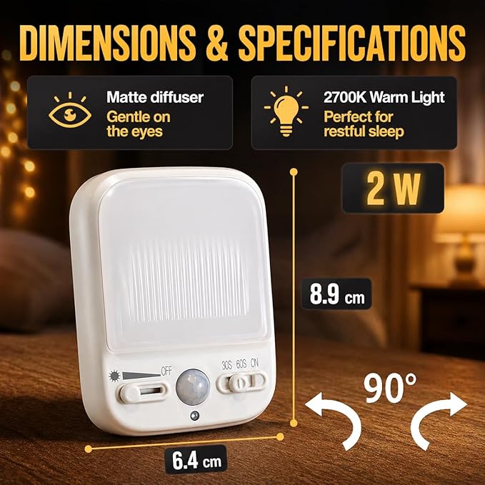 LED Motion-Activated Night Light Rotatable Dusk to Dawn AC Outlet Plug-in Wall Night Sensor Light for Bedroom Hallway Stairway Garage Basement Corridor Indoor