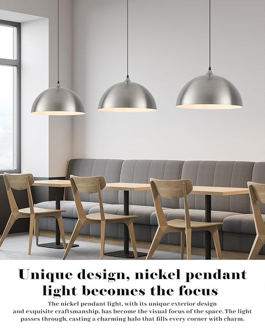 Brushed Nickel Pendant Lights Kitchen Island, 16 Inch Large Dome Pendant Light, Modern Farmhouse Pendant Light for Kitchen Island, Dining Room, Cafe, Bar, 2 Pack