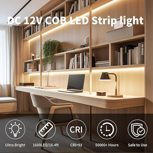 16.4FT/5M COB Led Strip Lights, Warm White 3000K LED Tape Lights, 640 LEDs/M CRI 93+ Flexible Dimmable Self Adhesive Lights Strip for Bedroom, Mirror, Kitchen, Indoor Decor (No Plug)