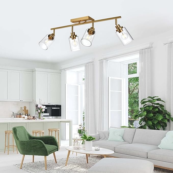 MELUCEE 4 Light Track Lighting Kit Brass Bathroom Vanity Light Fixtures with Adjustable Track Head Ceiling Spotlight Fixture for Hallway Porch Foyer Storage, Clear Glass Shade