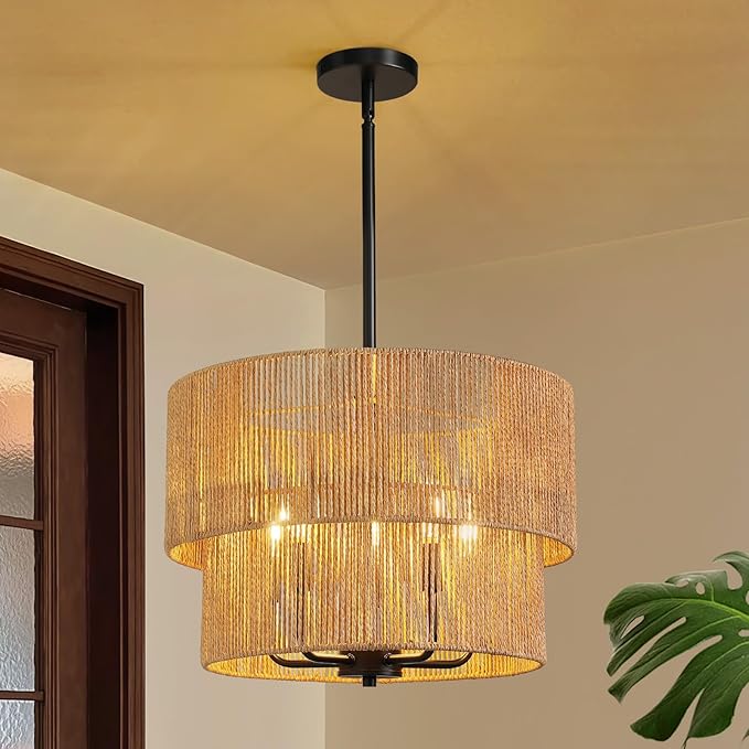 RUIYEY Rattan Chandelier Light Fixtures: 18 inch Boho Large Pendant Lights with Wicker Lampshade, E12 5 Light Height Adjustable Hand Woven Hanging Black Chandeliers for Dining Room Kitchen Living Room