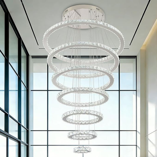 Finktonglan 7-Ring Crystal LED Chandelier, Cool White 6000K Modern Pendant, Adjustable Height up to 118", K9 Stainless Rings (Ø5.9–29.5"), Non-Dimmable Foyer Stair Ceiling Light