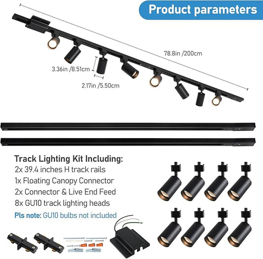 8-Light LED Track Lighting Kit with 6.6FT H Track Lighting Rails & Floating Canopy Connector, GU10 Track Light Kit, Modern Kitchen Track Lighting Fixtures Ceiling Spot Light, Black (No Bulbs)