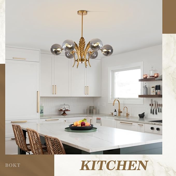 BOKT Gold Sputnik Chandelier Mid Century Smoky Gray Glass Chandelier Light Leaf 6-Light Adjustable Ceiling Hanging Light Fixture Globe LED Pendant Lighting for Kitchen Living Room Hallway Bedroom
