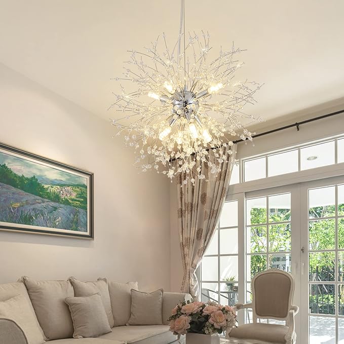 CM MZY Modern Crystal Chandeliers Firework, 8-Light Chrome Dandelion Sputnik Ceiling Light Fixtures, Sputnik Chandelier for Bedroom Living Room Dining Room Kitchen Island Hallway