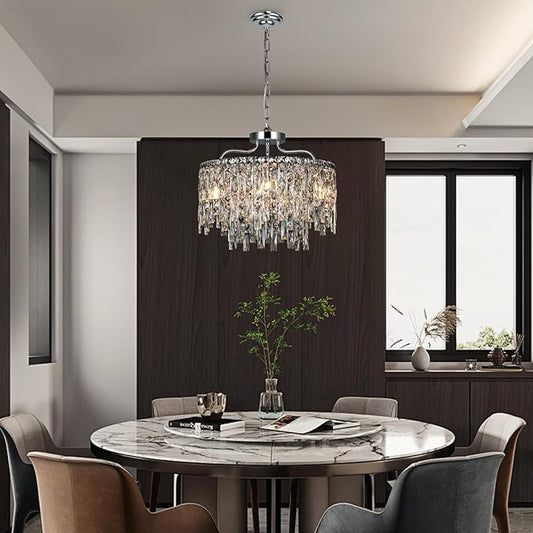 Chrome Crystal Chandelier, Modern Luxury Round Dining Room Chandeliers Over Table,6 Lights Chrome Ceiling Pendant Lighting for Dining Room Bedroom Entryway Foyer Staircase