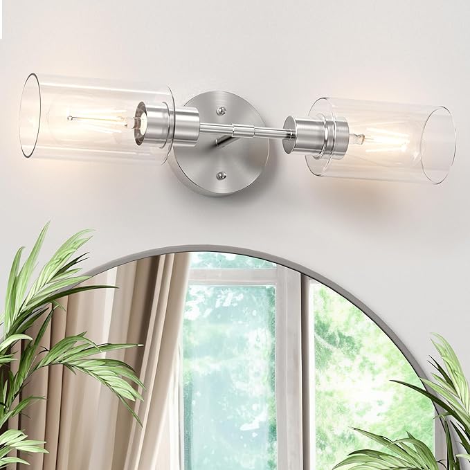 Bathroom Light Fixtures 2 Light Brushed Nickle, Bathroom Vanity Lights Over Mirror, Bathroom Sconces Wall Lighting,Farmhouse Vanity Light, Modern Vanity Lights with Clear Shades