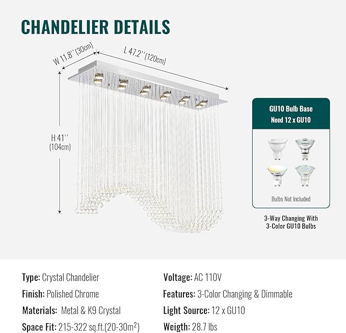 Siljoy Rectangle Wave Raindrop Chandelier for Dining Room, 12 Light Modern Rectangular Flush Mount Crystal Pendant Ceiling Light for Living Room Kitchen L47'' x W11.8'' x H40''