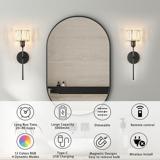 Crystal Battery Operated Wall Sconces Set Of Two, Black Wireless Wall Light with USB Rechargeable LED Light Bulbs 12 Colors Dimmable Crystal Wall Lamp with Remote for Living Room, Bedroom, Hallway