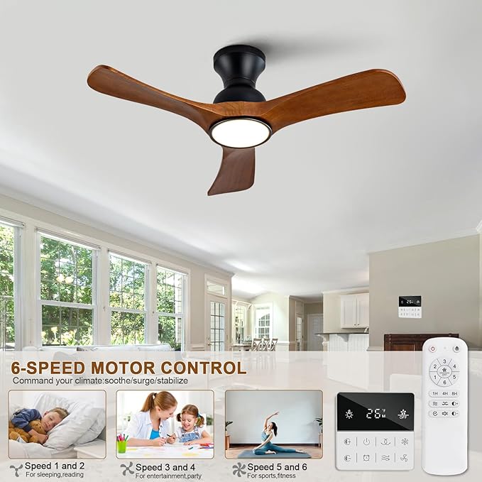36 inch Flush Mount Ceiling Fans with Lights,Remote Control,Wall Switch,Solid Wood Blades,Dimmable,Reversible,Noiseless, Low Profile Black Ceiling Fan Indoor/Outdoor for Bedroom Patios
