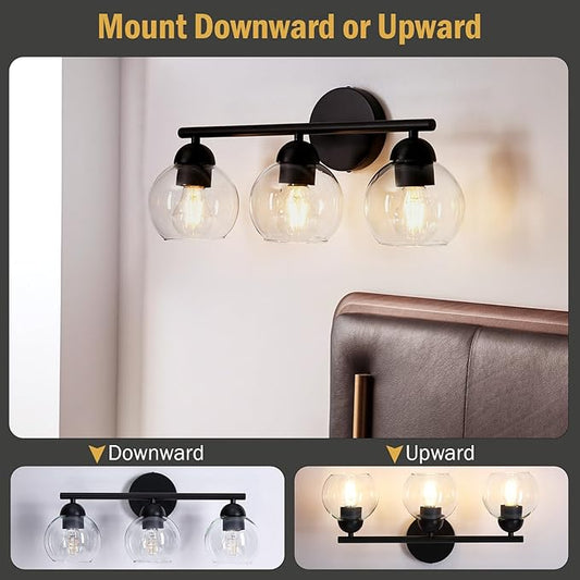 3 Light Bathroom Vanity Light, Black Vanity Light with Globe Glass Shades, Farmhouse Bathroom Light Fixtures Over Mirror, Modern Wall Lights for Bedroom Hallway, E26 Socket