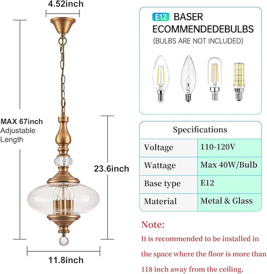 Vintage Kitchen Island Pendant Light Antique Brushed Brass Glass Chandelier for Living Room Dining Room Bedroom, W 11.8 in. H 23.6 in.