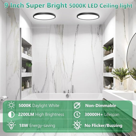 Brightever 2Pack LED Flush Mount Ceiling Light Black, 5000K Daylight White, 9 Inch 2200LM Modern Ceiling Light Fixture, 180W Equivalent, 0.67 Inch Thickness LED Ceiling Lamps for Hallway, Non-Dimmable