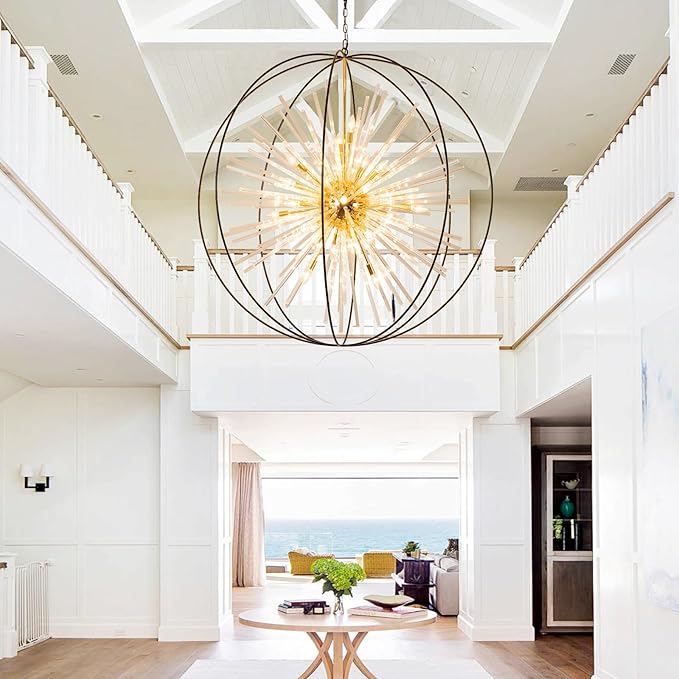 Vezzio 52" Extra Large Globe Chandelier for High Ceilings 32-Light Modern Black and Gold Modern Crystal Pendant Light Fixture for Entryway, Foyer, Stairway, Kitchen, Dining, and Living Room