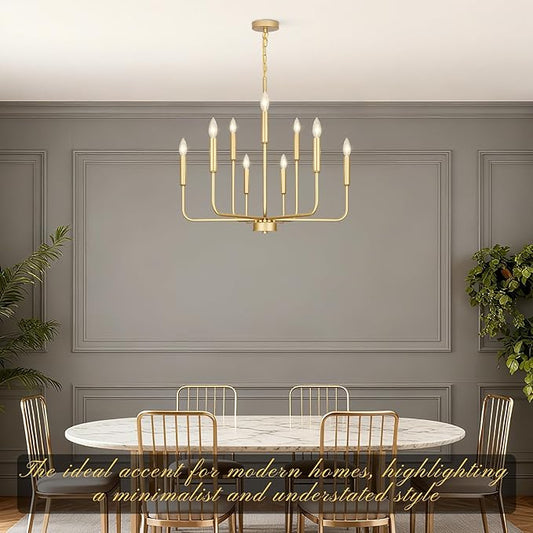 Gold Chandeliers for Dining Room Light Fixture Over Table, Modern Farmhouse Chandeliers for Living Room,9-Lights Industrial Metal Candle Lighting Fixtures for Entryway Kitchen Island Foyer