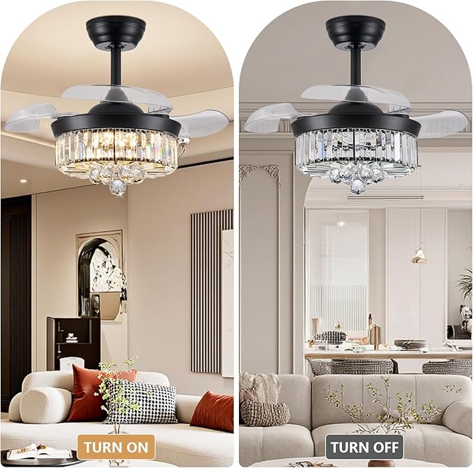 DuMaiWay 30" Chandelier Ceiling Fan with Light Crystal Fandelier Modern Reversible Ceiling Fan Dimmable Retractable Timer Remote APP Control for Dining Living Room Bedroom Black
