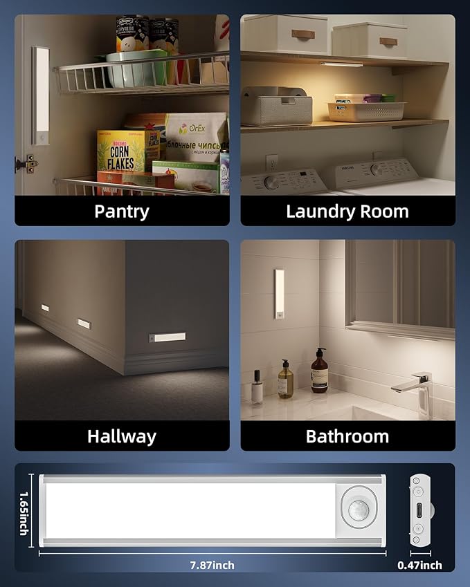 6-Pack Under Cabinet Lighting, 34 LED Rechargeable Battery Motion Sensor Light Indoor, Dimmable & 3 Color Temps, Stick-On Magnetic Closet Lights, Wireless Under Counter Lights for Kitchen (8inch)